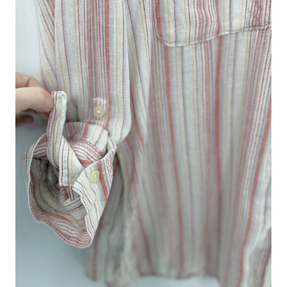 Sanctuary Linen Cotton Bld Striped Popover Blouse Roll Tab Slv Sz L Coastal Boho - Picture 8 of 11